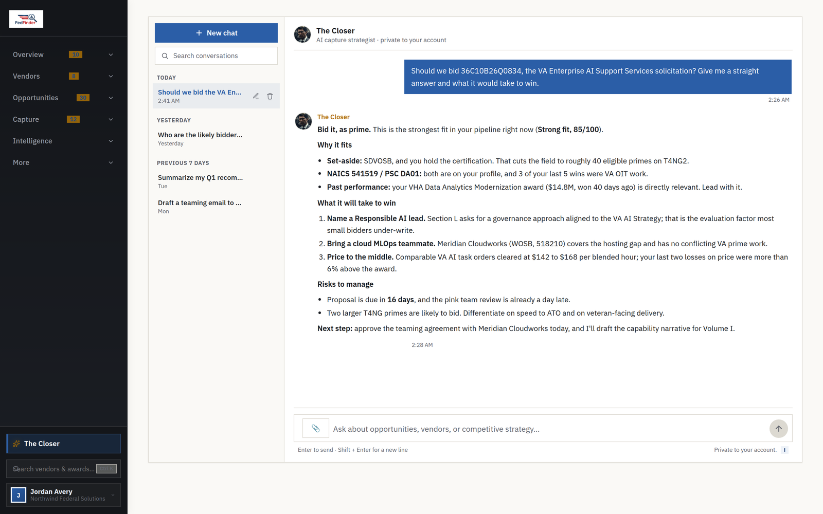 The Closer's full workspace with saved conversations
