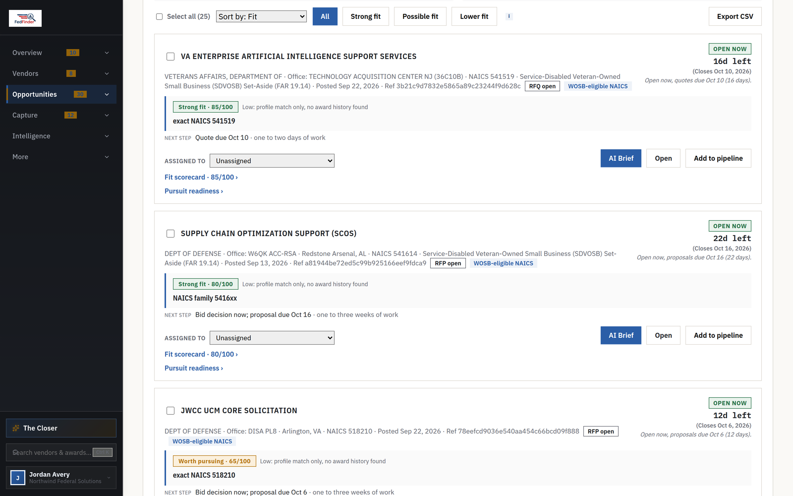 Live solicitations with bid/no-bid verdict chips