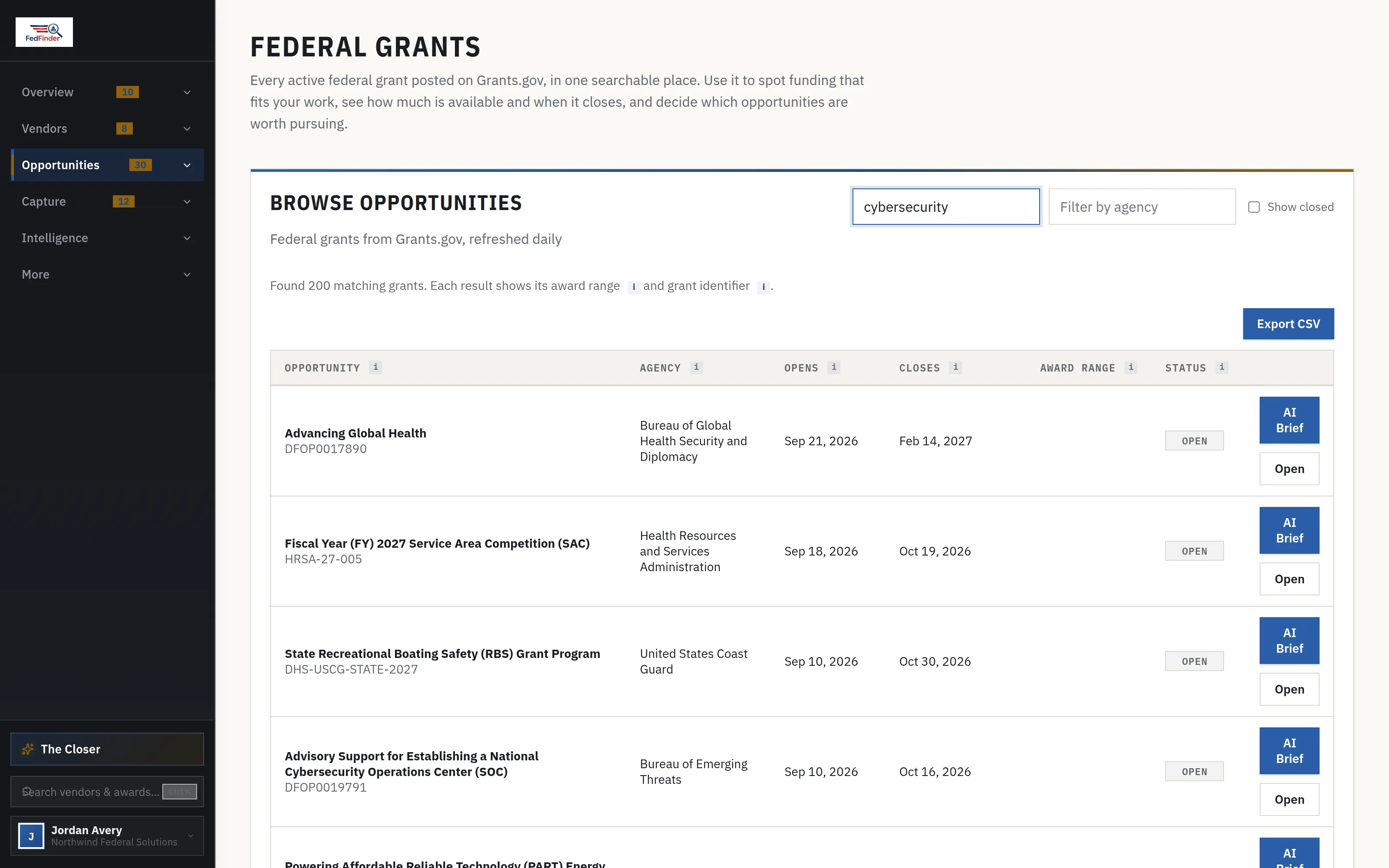 Federal grants from Grants.gov with award ranges and deadlines